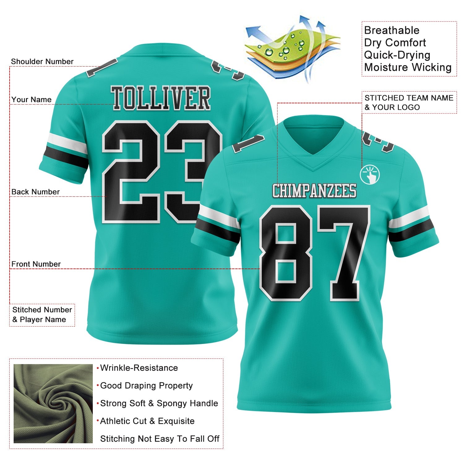 Custom Aqua Black-White Authentic Football Jersey T-Shirts, Hoodie, Sweatshirt | WearSparks.com (Image 3)