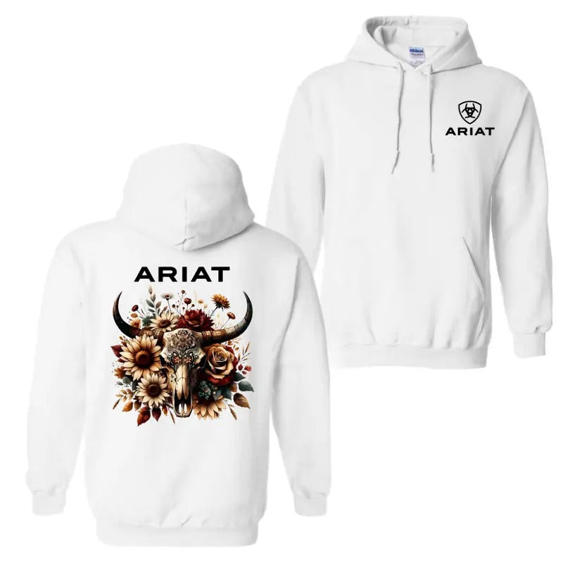 Ariat Floral Bull Skull Hoodie Sweatshirt T-Shirt, Iconic Ariat Logo On Front With Detailed Bull Skull Adorned With Sunflowers And Roses On Back