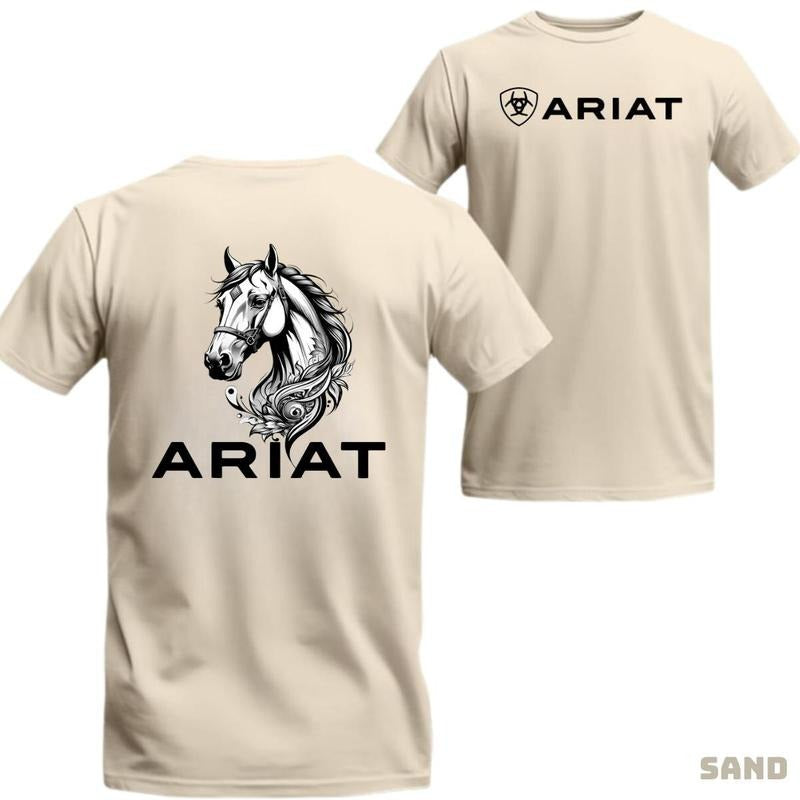 Ariat T-Shirt - Unisex shirt featuring an elegant horse illustration and iconic Ariat branding, ideal for casual wear with a refined touch. Top Menswear Tshirt Crewneck Tropical