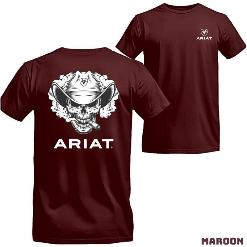 Ariat T-Shirt - Western Skull Design with Cowboy Hat and Cigar, Perfect for Fans of Bold Style and Everyday Comfort. Menswear Top Tshirt Crewneck Casual