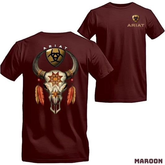 Ariat T-shirt - Impressive design featuring a Native American-inspired bull skull and bold Ariat logo Menswear Tops Tshirt Streetwear Tropical Unisex