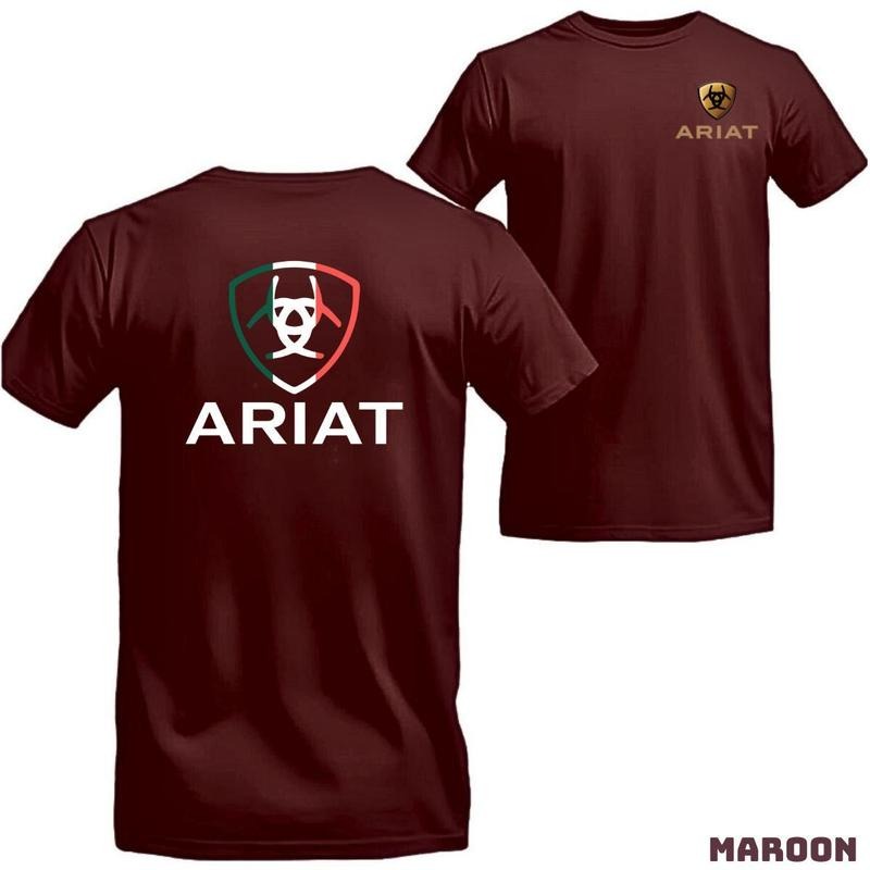 Ariat T-shirt - Simple design with a bold Ariat logo featuring Mexico's flag colors Menswear Tops Unisex Streetwear Casual Tropical Shortsleeve Crewneck
