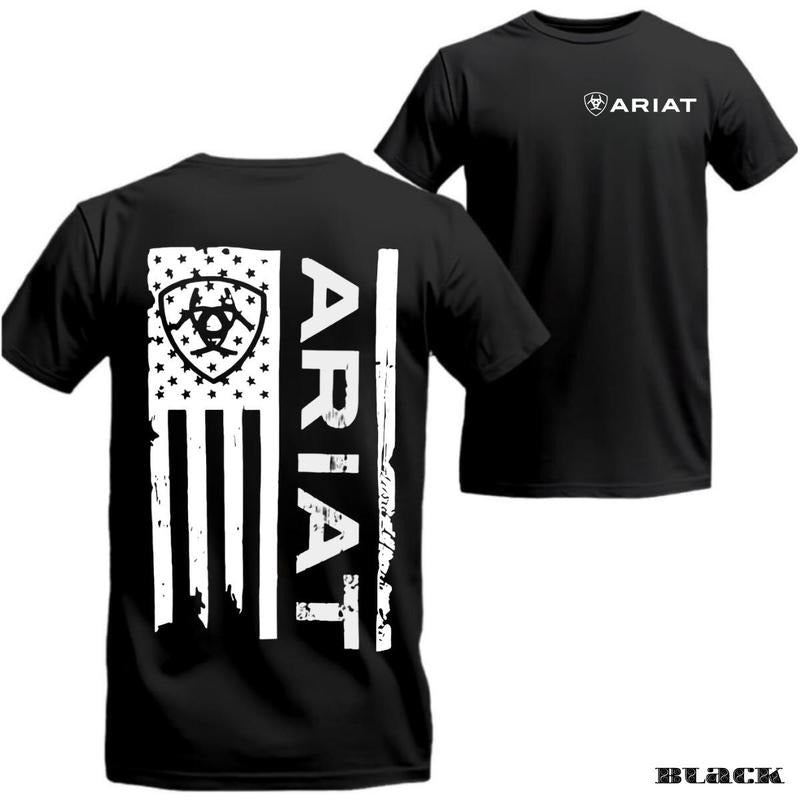 Ariat T-shirt  Bold Black Tee with Distressed Vertical Flag and Ariat Logo Design, Soft Comfortable Fabric for Everyday Wear, Unisex Menswear Cotton