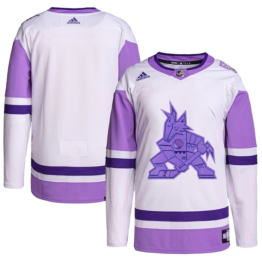Arizona Coyotes adidas Hockey Fights Cancer Primegreen Authentic Blank Practice Jersey - White Purple.webp