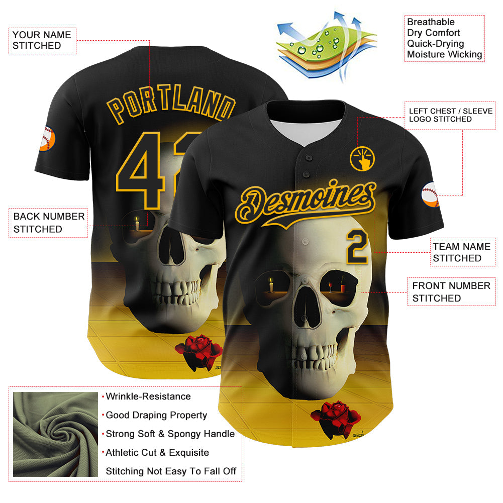 Custom Black Gold 3D Marcel Caram The Skull Authentic Baseball Jersey T-Shirts, Hoodie, Sweatshirt | WearSparks.com (Image 3)