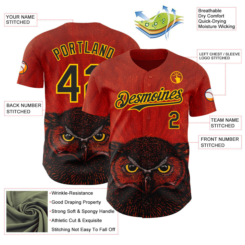 Custom Red Black-Yellow David Lozeau The Owl Authentic Baseball Jersey