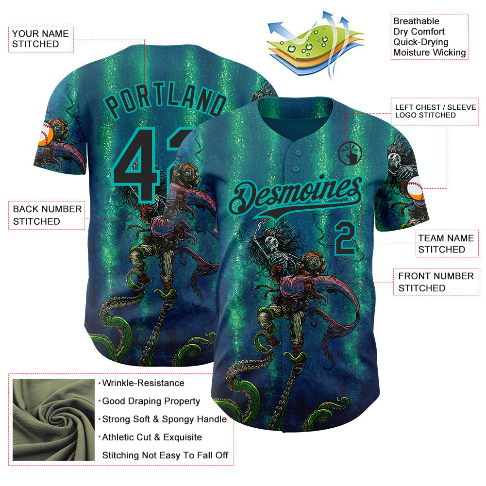 Custom Blue Black Green-Aqua David Lozeau Catch Or Release Authentic Baseball Jersey