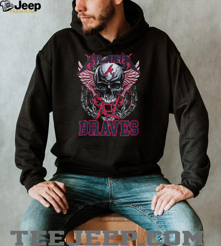 Atlanta Braves Red Letter Logo Skull Pink Wings And Heavy Metal Chains T Shirt