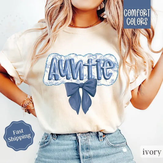Auntie Bow Shirt Comfort Colors, Coquette Aunt Tshirt, Gift For Aunt Womenswear Oversized Crewneck Tee