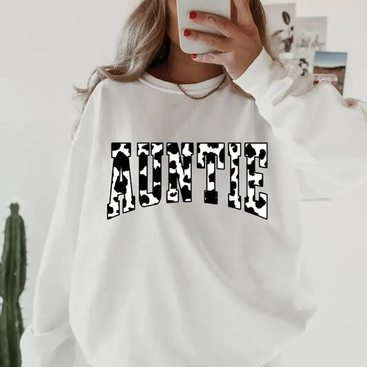 Auntie Cow Print Crewneck, Retro Cotton, Crewneck Fashion Fit Sleeve Comfortable Cute, CASUAL COTTON CREWNECK HOODIE, WOMENS SWEATSHIRT Womenswear Athletic Basic Day Long Sleeves Mama
