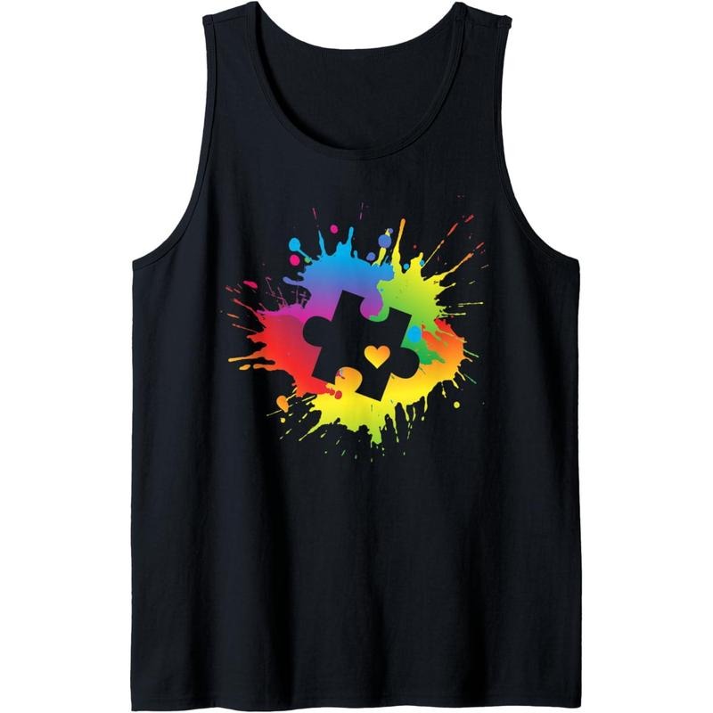 Autism Awareness Puzzle Piece Colorful Rainbow Splatter Tank Top MADE IN USA