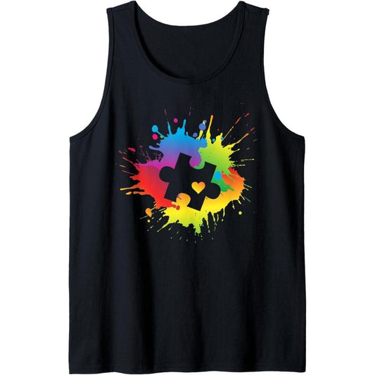 Autism Awareness Puzzle Piece Colorful Rainbow Splatter Tank Top MADE IN USA