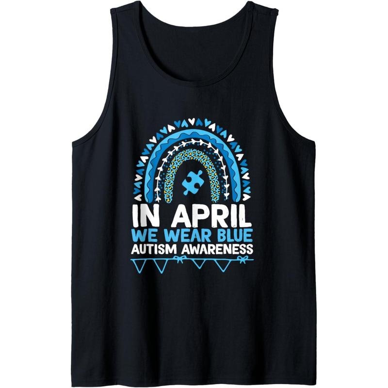 Autism Awareness Rainbow In April We Wear Blue Ribbon Autism Tank Top MADE IN USA