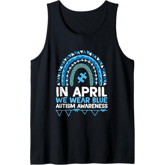 Autism Awareness Rainbow In April We Wear Blue Ribbon Autism Tank Top MADE IN USA