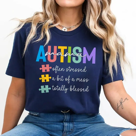 Autism Mama Shirt - Often Stressed, Totally Blessed Tee - Puzzle Piece Autism Awareness T-shirt for Moms