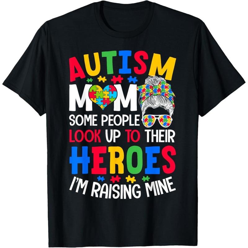 Autism Mom Raising Hero Groovy Messy Bun Autism Awareness T-Shirtstyle{n002}2