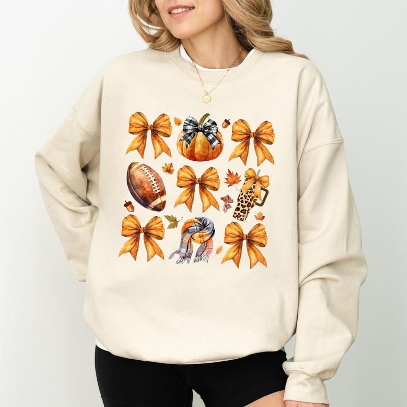 Autumn Girly Coquette Bow Sweatshirt, Vintage Fall Vibes Crewneck, Fall Basics Sweatshirt for Girls, Aesthetic Autumn Girly Sweater, Cute Fall Sweatshirt for Women, Comfy Long Sleeve Pullover, Unhignhed Casual Womenswear, Soft Cotton Fabric Women's Tops