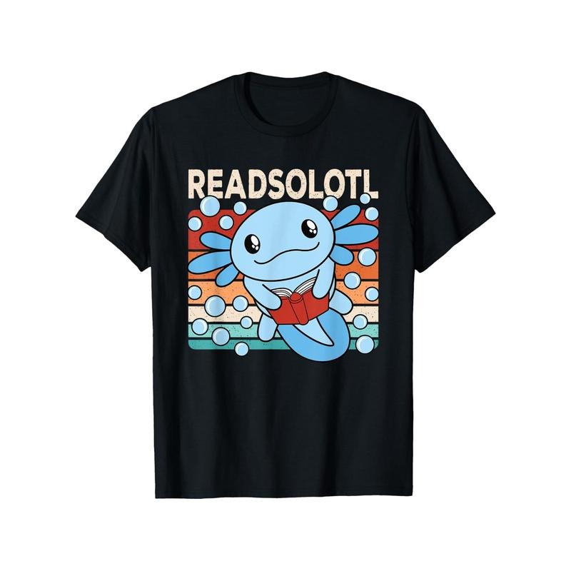 Axolotl Reading Graphic Tee - 100% Cotton, Casual & Comfy, Machine Washable - Black Made in USA