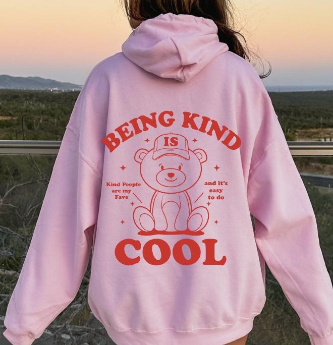 BEING KIND IS COOL TEDDY BEAR OVERSIZED COMFY CASUAL COTTON HOODIE Comfort Light Womenswear Long Sleeves