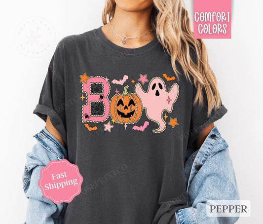 BOO Shirt Comfort Colors, Cute Ghost Halloween Shirt,  October Vibes Shirt for Women Oversized Crewneck Tee