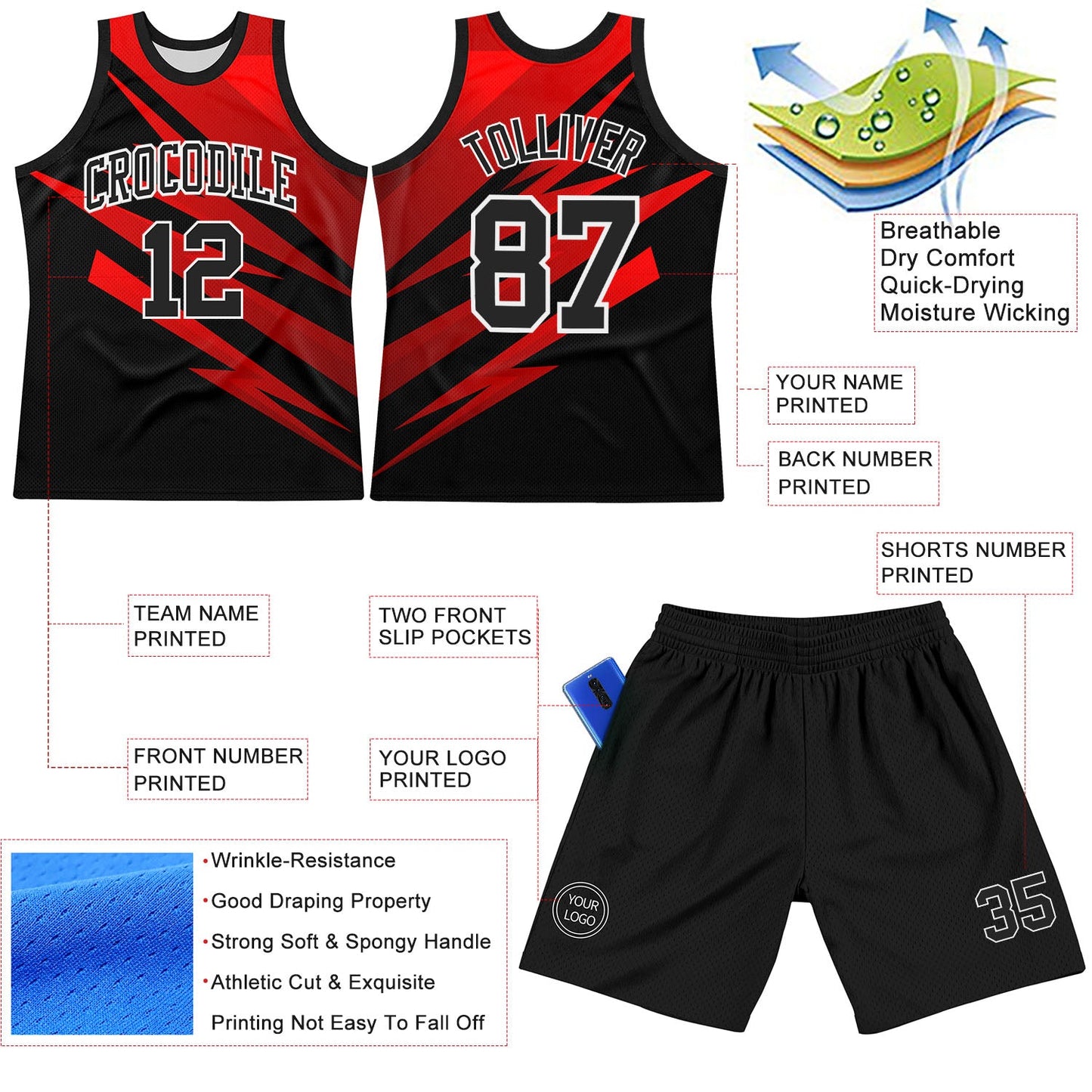 Custom Black Red-White Line Round Neck Sublimation Basketball Suit Jersey T-Shirts, Hoodie, Sweatshirt (Image 3)