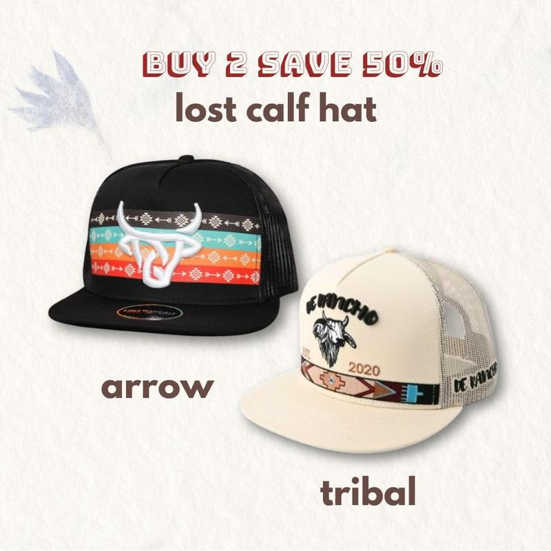 BUY 1 GET 1 FREE! Combo 2 Hat, Gorra Lost Calf Original Arrow Flat Negra Hat Vintage De Rancho Tribal Cream Bull Hat, Western Wear
