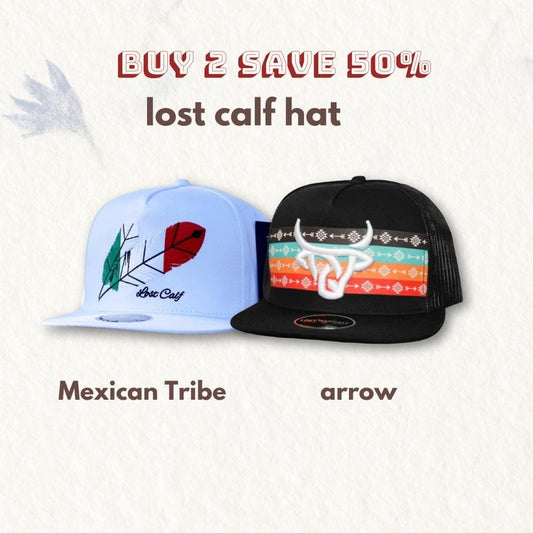 BUY 1 GET 1 FREE! Combo 2 Western Hat, Lost Calf Cap-Mexican Tribe White, Gorra Lost Calf Original Arrow Flat Negra Hat Vintage Western Wear