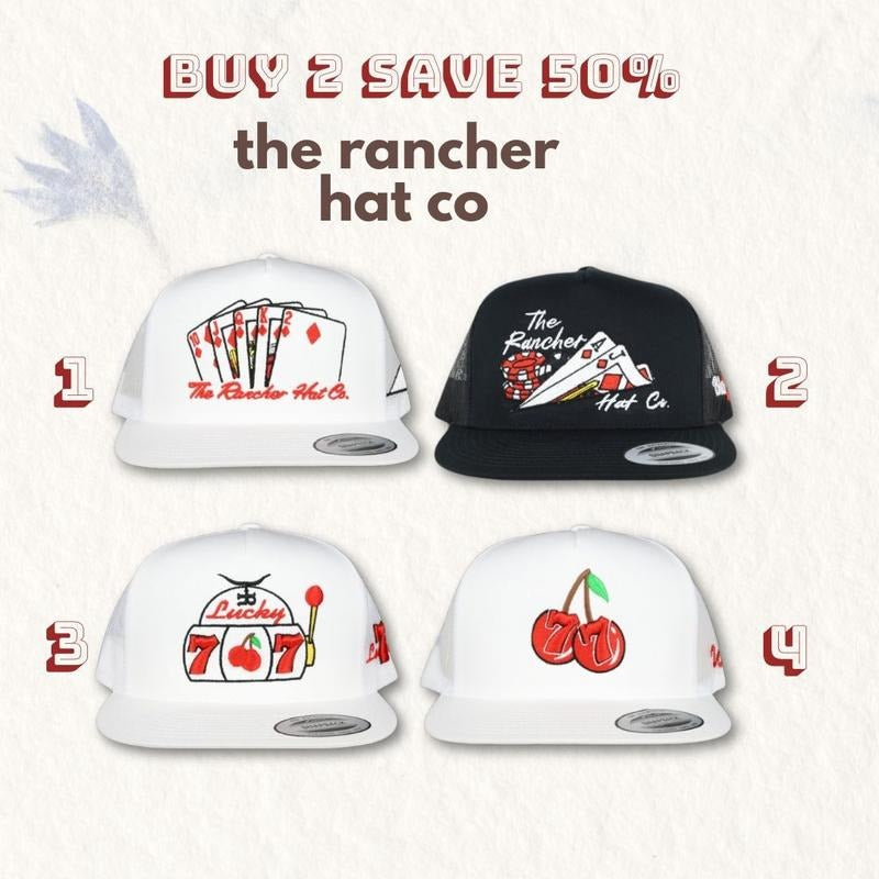 [BUY 2 SAVE 50%] Set 2 Hat The Rancher Hat Vintage "21 Blackjack"- Flat bill Trucker Snapback, "Ace Up My Sleeve"- Flatbill Trucker, "Wild Cherry"- Flatbill Trucker Snapback, "Lucky 7"- Flatbill Trucker