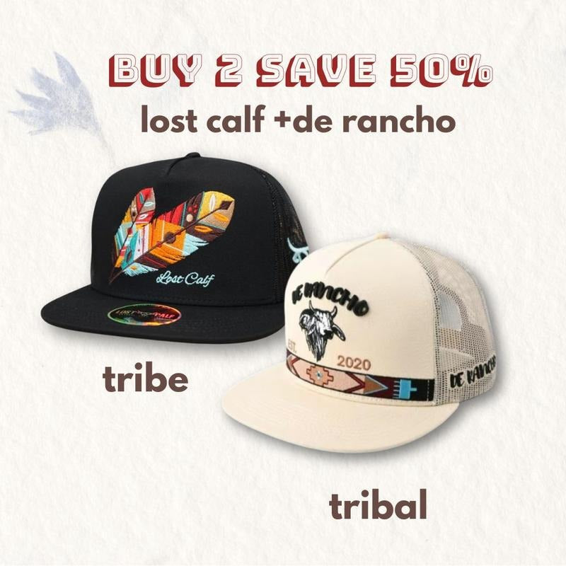[BUY 2 SAVE 50%] Set 2 Western Hat, Lost Calf Feather Black Flat Trucker -Tribe Flat, Vintage De Rancho Tribal Cream Bull Hat, Western Wear