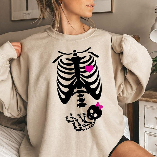 Baby girl X-Ray skeleton Sweatshirt, Pregnant Skeleton Sweatshirt, Pregnant Woman, Funny Maternity Sweatshirt,Halloween Maternity Sweatshirt