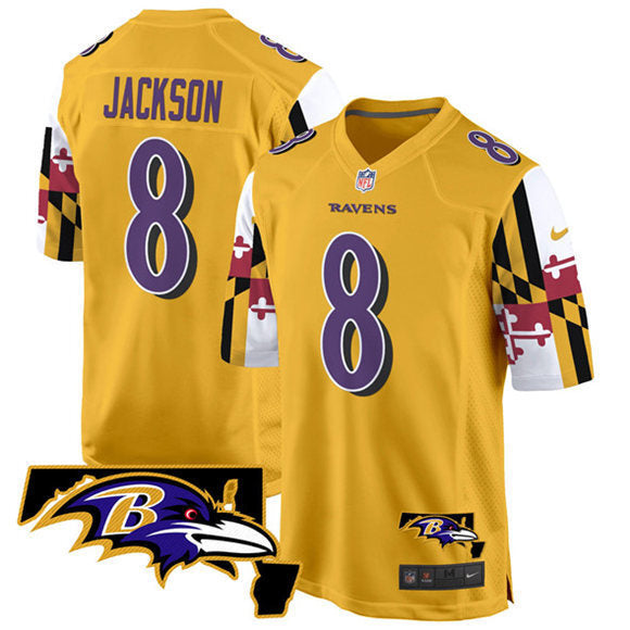 Baltimore Ravens #8 Lamar Jackson Gold 2025 Maryland Flag Vapor Limited