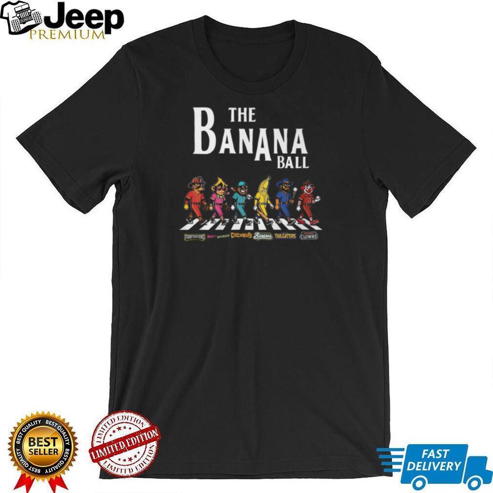 Banana Ball Mascot Characters Walking Abbey Road Style Baseball Teams Black T Shirt