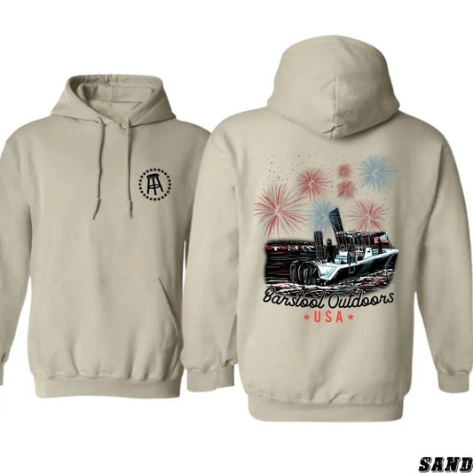 Barstool Outdoors USA Hoodie - Patriotic Boat and Fireworks Design, Perfect for Outdoor Adventures and Celebrations, Ideal for All-American Enthusiasts, Hoodie for Men, Hoodie for Women, High-Quality Material Menswear Sweaters Tops Underwear