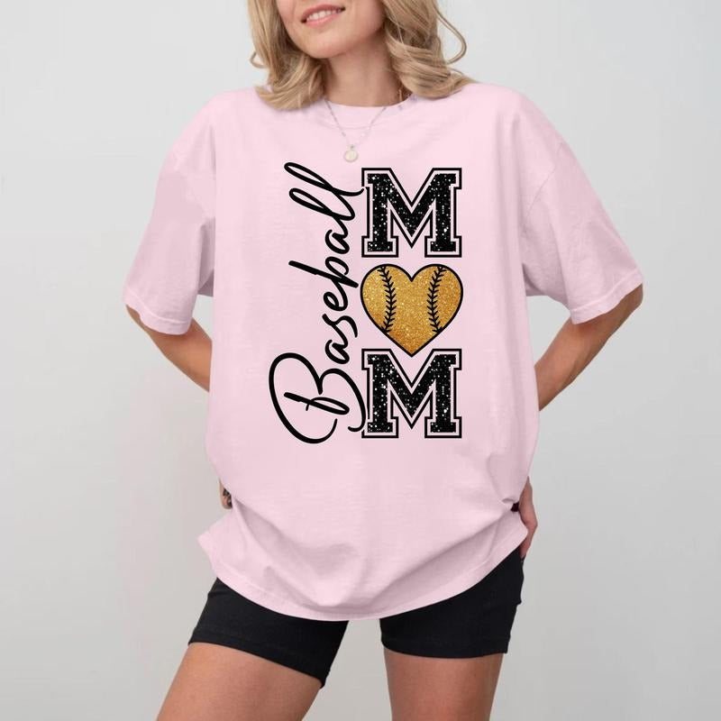 Baseball MOM Heart Print Crewneck, Soft Cotton Shirt Made in USA