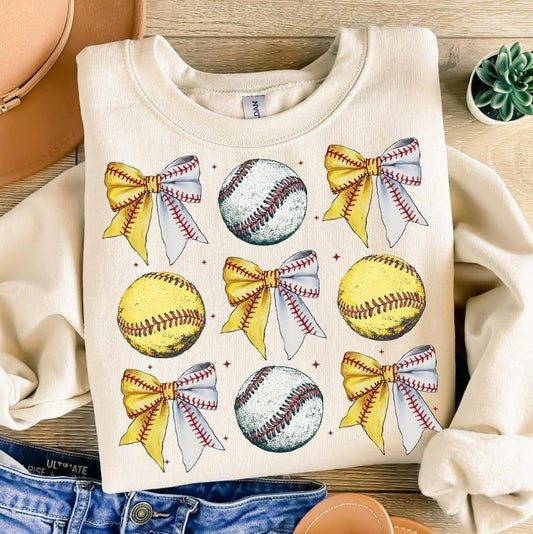 Baseball Softball Bow Sweatshirt Retro Sports Coquette Baseball Softball Mama Game Day