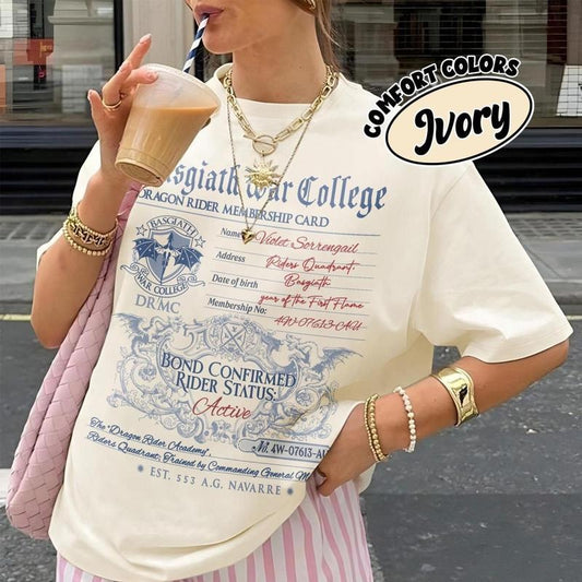 Basgiath War College Comfort Colors TShirt, Dragon Rider Membership Card Tee, Fourth Wing Series Bookish Merch, Gift For Book Fitted Top