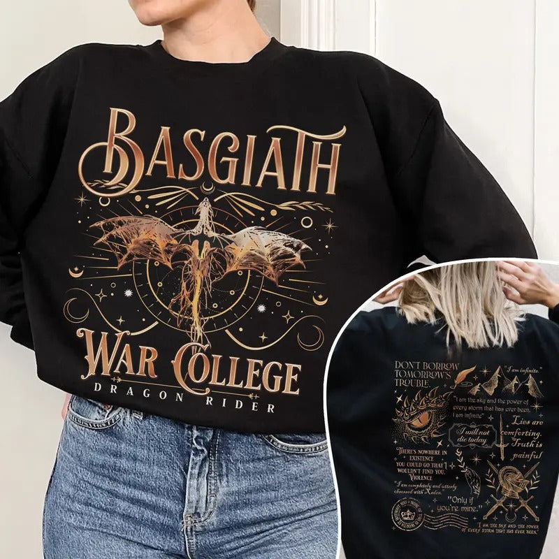 Basgiath War College Sweatshirt, Fourth Wing 2 Sided Shirt, Xaden Riorson Fan, Dragon Rider Merch, Onyx Storm Book, The...