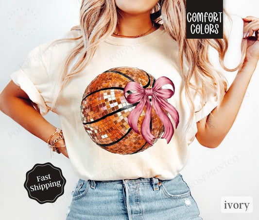 Basketball Bow Shirt Comfort Colors, Womens Basketball Tee, Womenswear Oversized Crewneck, Coquette Clothingstyle{n002}2