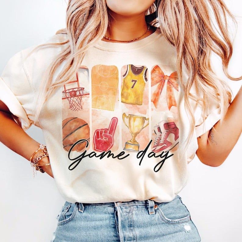 Basketball T-shirt, Game Day Coquette, Bow, Mama, Brushstroke Basketball