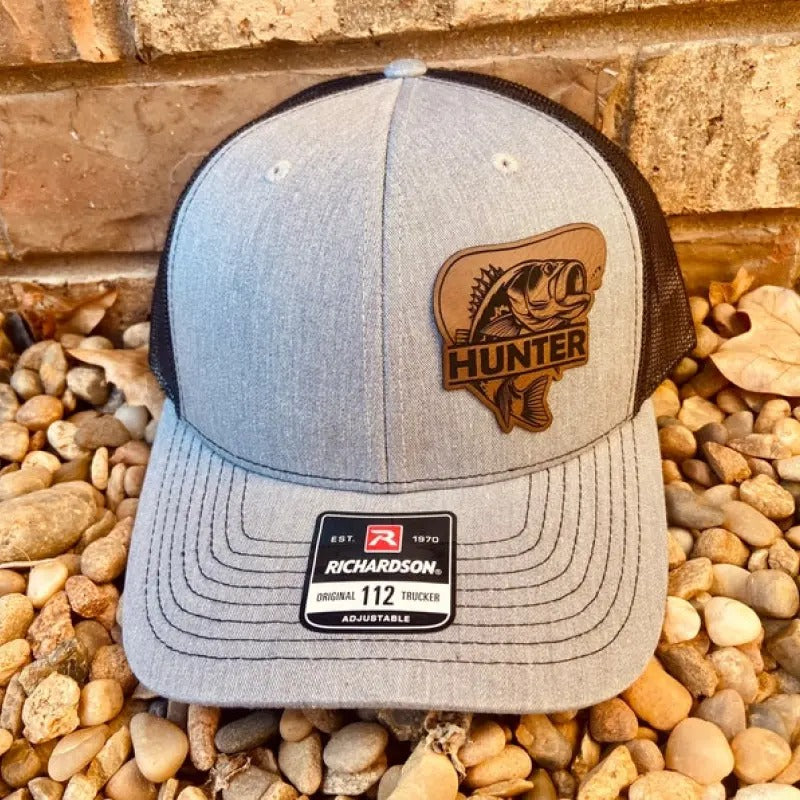 Bass Fishing Personalized Hat, Hunting, Fishing, Leather Patch Hat, Richardson 112, SnapBack,