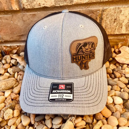Bass Fishing Personalized Hat, Hunting, Fishing, Leather Patch Hat, Richardson 112, SnapBack,