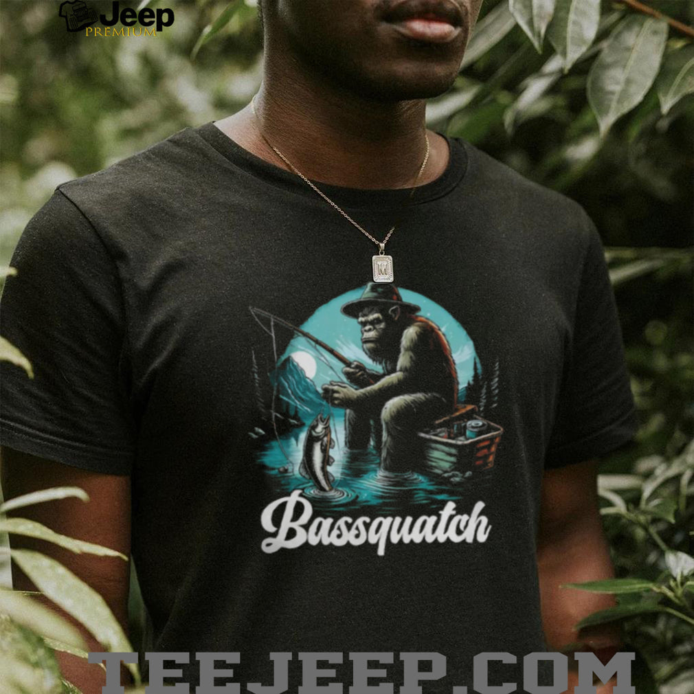 Bassquatch Funny Bigfoot Fishing in a Boat Bass Fisherman T Shirt