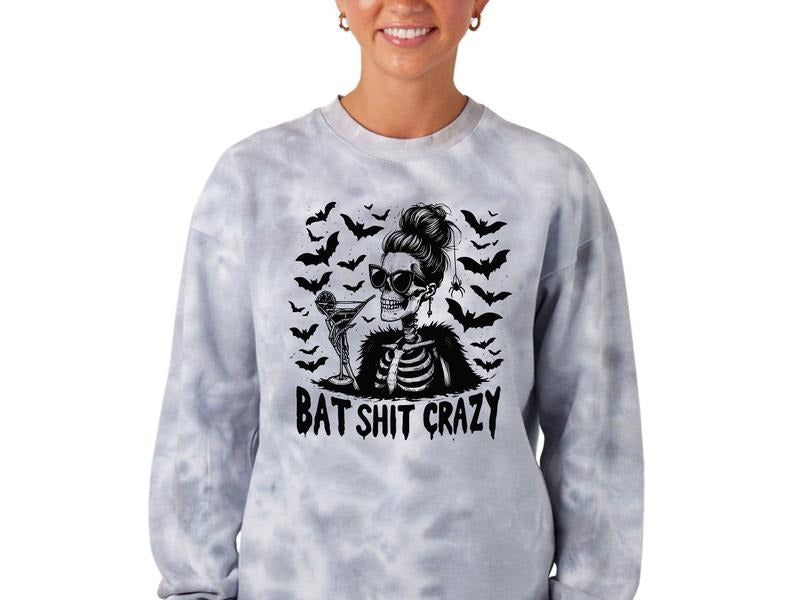 Bat Sh&t Crazy Halloween Casual Tie Dye Sweatshirt, Unisex Sizing Halloween Sweater, Witches & Bats Halloween Sweatshirt