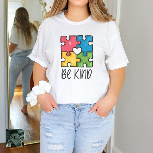 Be Kind Puzzle Piece White 100% Ring spun Cotton T-Shirt Unisex Fit