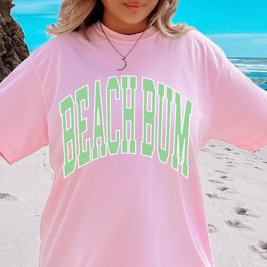 Beach Bum College T-shirt, Casual Oversized Cotton Shirt for the Beach Comfort Fabric Top Womenswear Underwear Lady