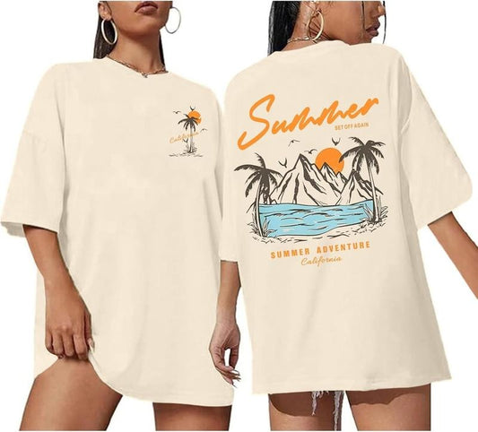Beach California T Shirts Oversized Beachy Graphic Tees for Women Vintage Shirts Baggy Summer Cotton Vacation Tops