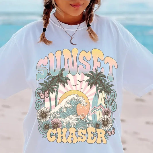 Beach Shirt, Sunset Chaser T-shirt, Summer T-shirt Oversized,  Comfort Cotton Womenswear Fabric Top Oversized Underwear Women Tshirt