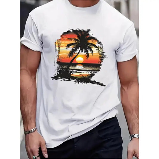 Beach Sunset palm print crew neck MEN'S T-shirt, casual short-sleeved top, summer daily wear MEN'S clothing Made in USA