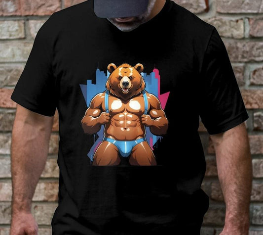 Bear City Skyline Graphic Tee, Bear Pride T-Shirt, Urban Bear Tank Design, Muscular Bear Art Shirt, Streetwear Animal Tee Menswear Top