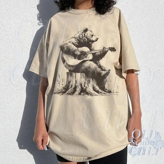 Bear Playing Guitar Retro Shirt, Vintage Funny Animal Shirt, Music Shirt, Bear Lovers Gift, Mens Oversized Cotton Tee,Cute Funny Guitar Gift